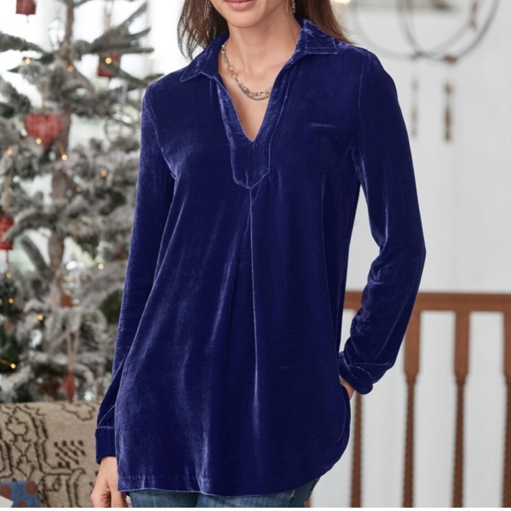 Sundance Nuance Blue Velvet Top Blouse Long Sleeve Silk Blend Petite X-Large